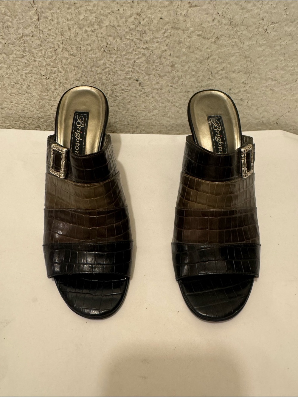 Brighton Robin Brown and Black Croc-Embossed Slide Mules with Decorative Buckles